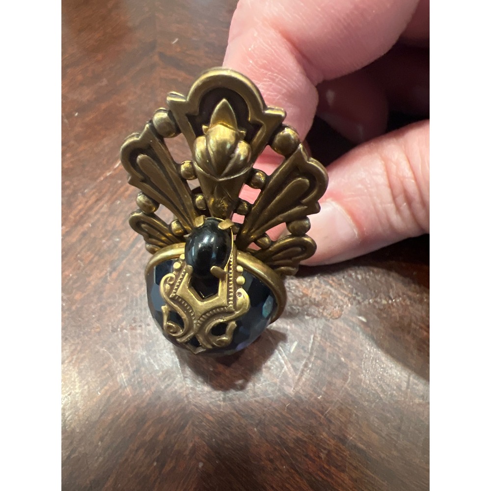 Jan Michaels San Francisco Brass Art Deco Blue Crystal Statement Cocktail Ring - Picture 2 of 4